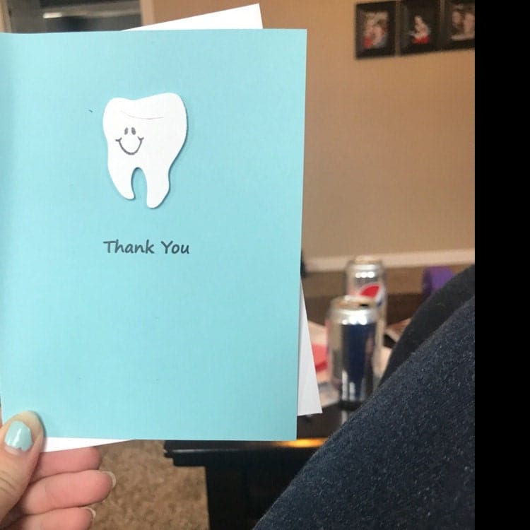 Customer photo review of Tooth Thank You Notecard | Handmade Dentist Greeting Cards | Tooth with Smile | Single or 10 Pack | Choose Front and Inside Phrases