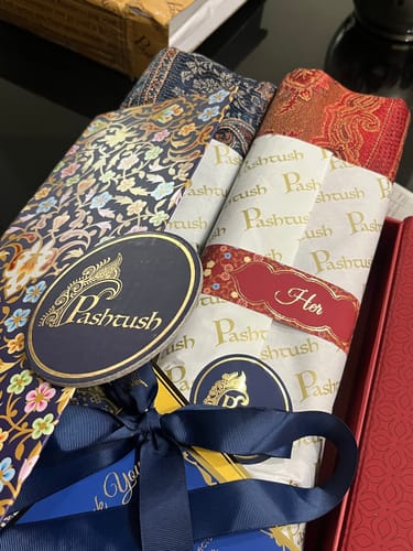Customer photo review of Pashtush His And Her Set Of Jamawar Stole and Shawl With Premium Gift Box Packaging, Navy Blue and Maroon