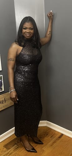 Customer photo review of Signa Black High Neck Luxe Metallic Sequin Midi Dress