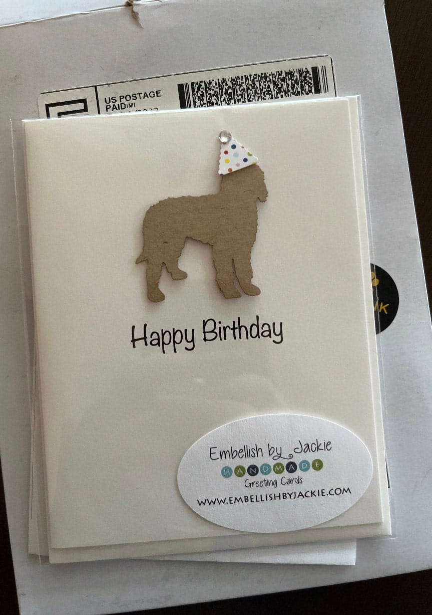 Customer photo review of Dog Birthday Card White | 200+ Dog Breeds to Choose from | 25 Dog Colors Available | Choose Inside Phrase | Single Card or 10 Pack| Confetti Party Hat