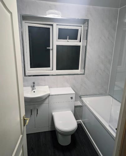 Customer photo review of Premium Grey Marble Gloss Shower Wall Panel – 2400 x 1000mm