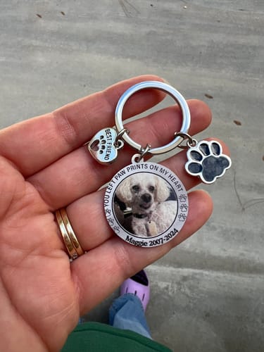 Customer photo review of Custom Personalized Photo Keychain Pet Charm Key Ornaments - Memorial Gift for Dog/Cat Lovers - You left paw prints on my heart