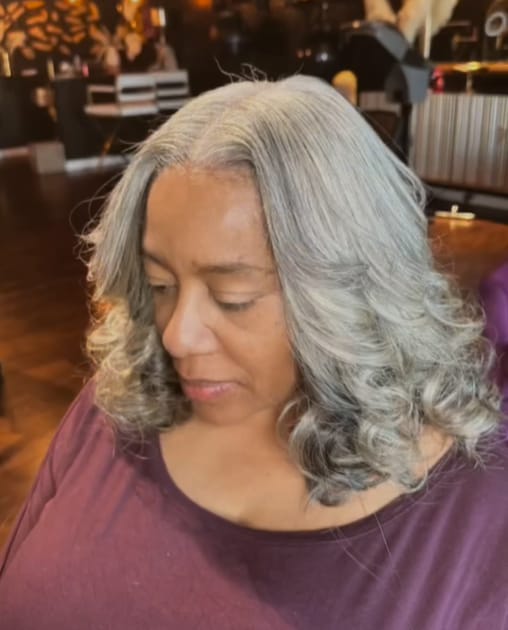 Customer photo review of Luvwin 13x4 Salt And Pepper Wavy Glueless Gray Color Pre-Cut Lace Wig Human Hair