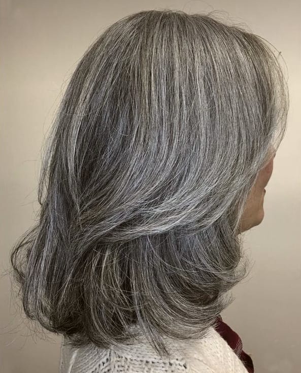 Customer photo review of Luvwin 5x5 Salt And Pepper Glueless Gray Color Pre-Cut Lace Straight Bob Wig For Black Women