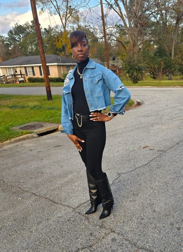 Customer photo review of Destiny Distressed Cropped Denim Jacket (Medium Denim)