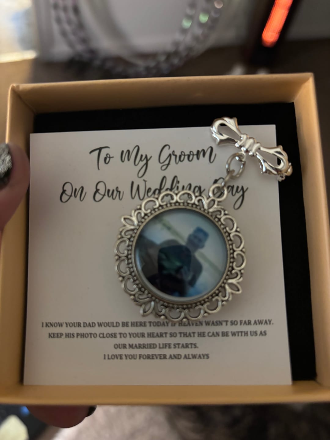 Customer photo review of Keep Photo Close To Your Heart - Custom Memorial Photo Personalized Bow Pin - Wedding Gift For Groom, Bride