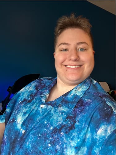 Customer photo review of Blue Purple Nebula Space Button Up Shirt