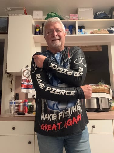 Customer photo review of Maxcorners Chinook Fishing Flag USA Make Fishing Great Again Pattern Sun Protection Personalized Name Team Name 3D Shirts