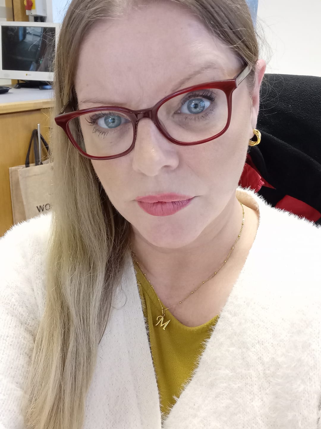Customer photo review of M Script Initial Necklace in Gold + FREE Allure Earrings in Gold