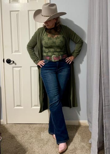 Customer photo review of Olive Green Long Sleeve Ribbed Duster with Side Slits