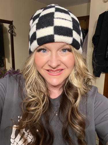 Customer photo review of Black and White Checkered Knit Beanie