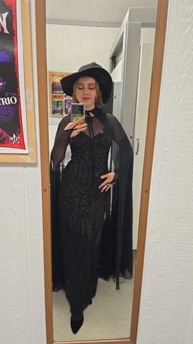 Customer photo review of Lilith Mesh Sleeveless Romper + Hooded Mesh Cape