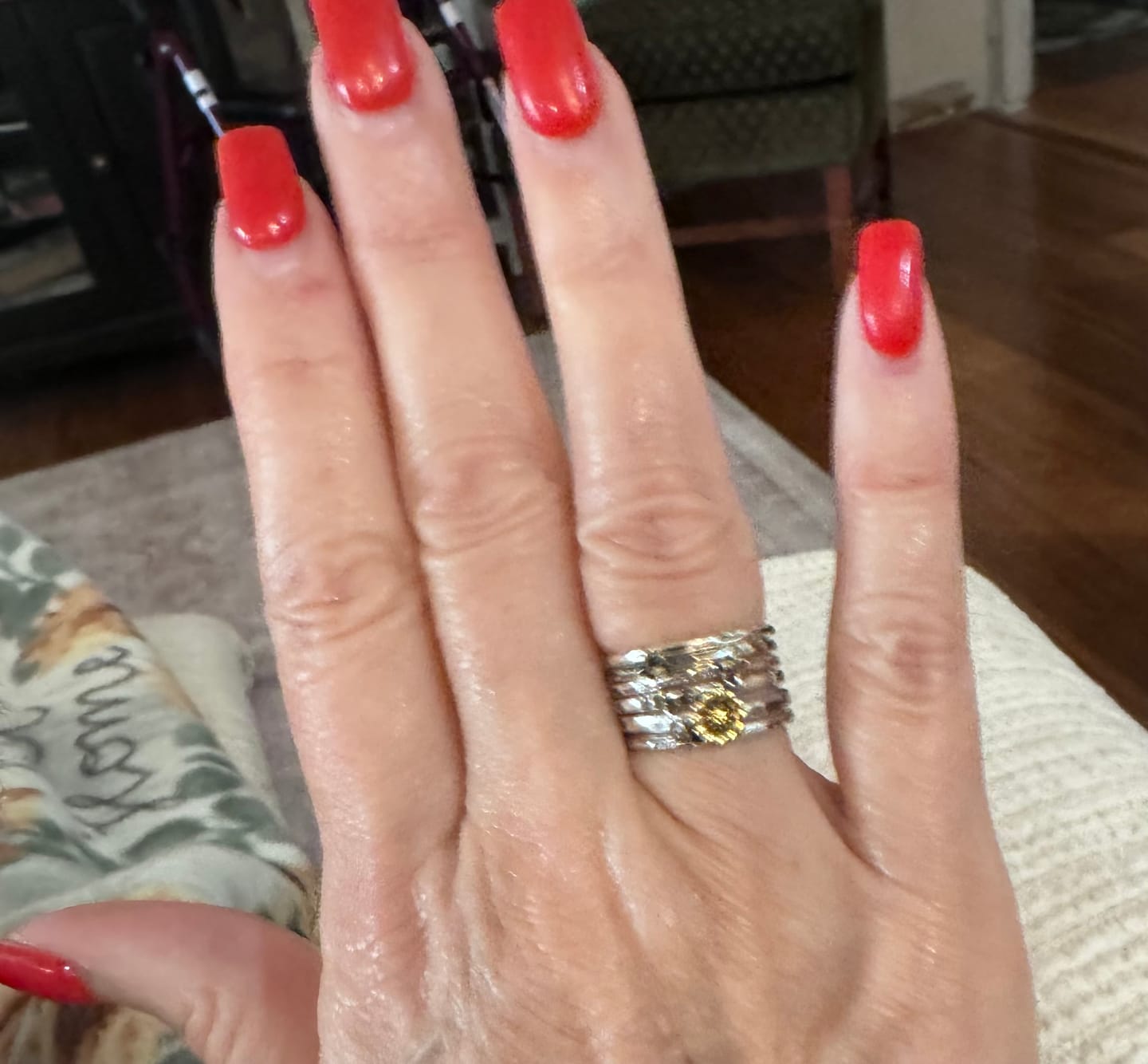 Customer photo review of Bees and Sunflower Stacking Ring Set Sterling Silver