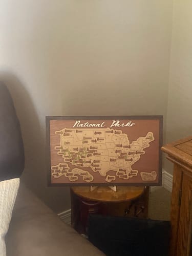Customer photo review of US Wooden National Parks Travel Map With Trees To Record Park Visits (Palisander)