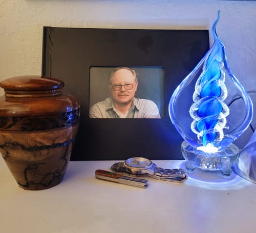 Customer photo review of Illuminated Memorial Glass Flame with Cremation Ashes