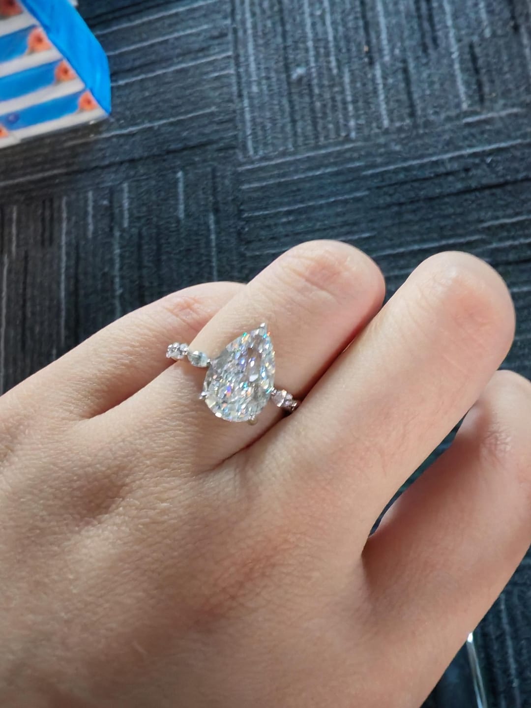 Customer photo review of S925 3 Ct Sparkle Pear Cut Simulated Diamond Engagement Ring In Sterling Silver