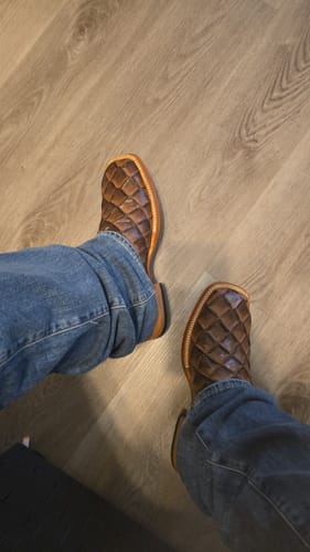 Customer photo review of Men’s Honey Pirarucu Leather Boots With Dark Brown Shaft