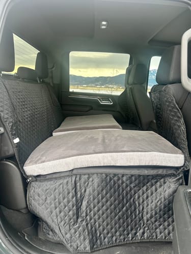 Customer photo review of NEW Waterproof Hard Bottom Car & Truck Seat Foldable Hammock Cover With Storage Pockets, Side Flaps, Headrest Straps, Seat Anchors, & Mesh Window (+FREE SAFETY BELT!)