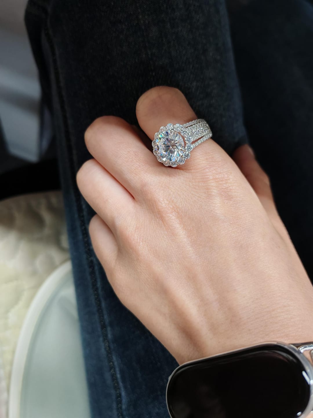 Customer photo review of Louily Unique Halo Design Round Cut Engagement Ring In Sterling Silver