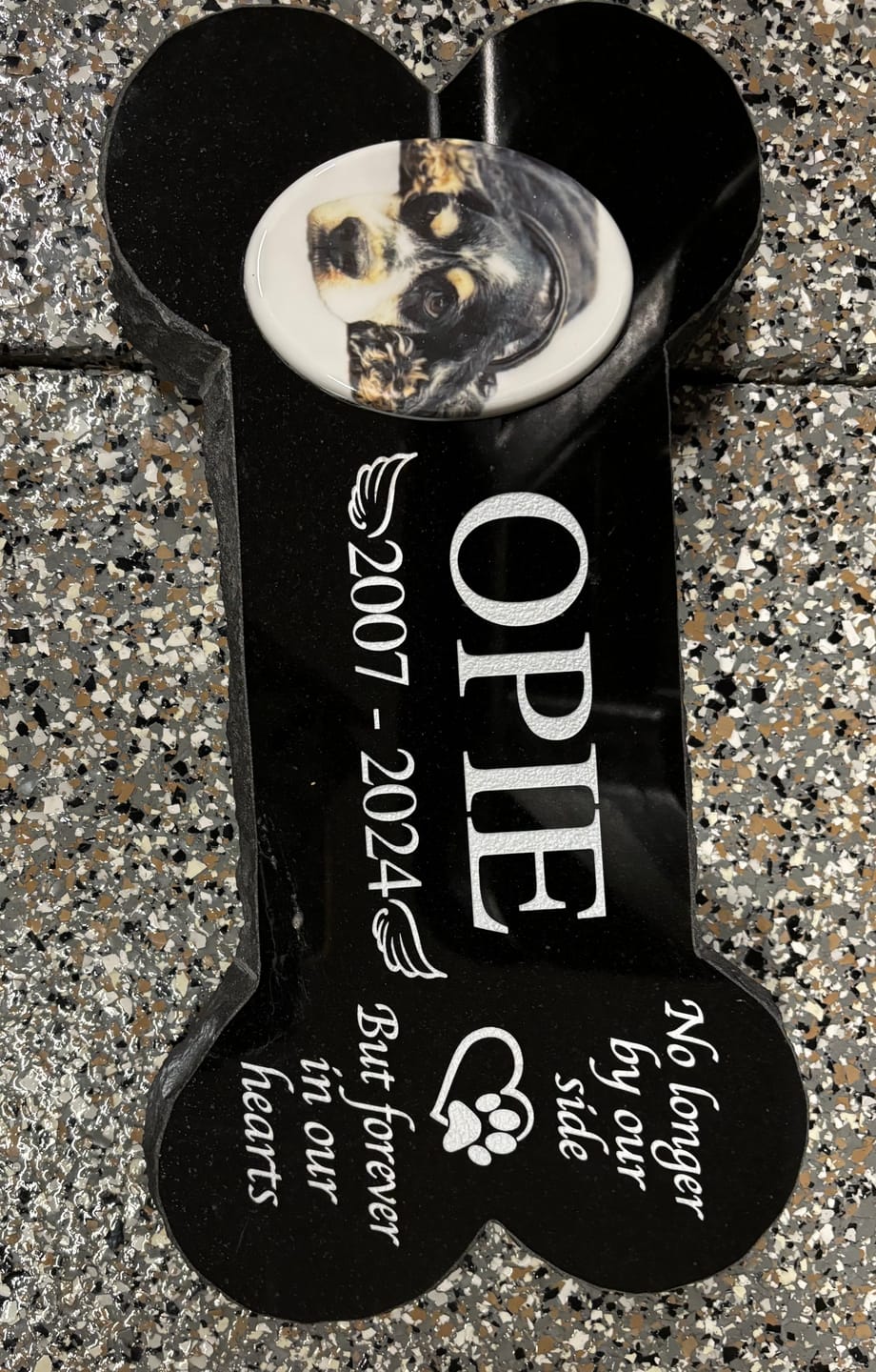 Customer photo review of Bone Shape Outdoor Pet Grave Marker Personalized Memorial Plaque Granite