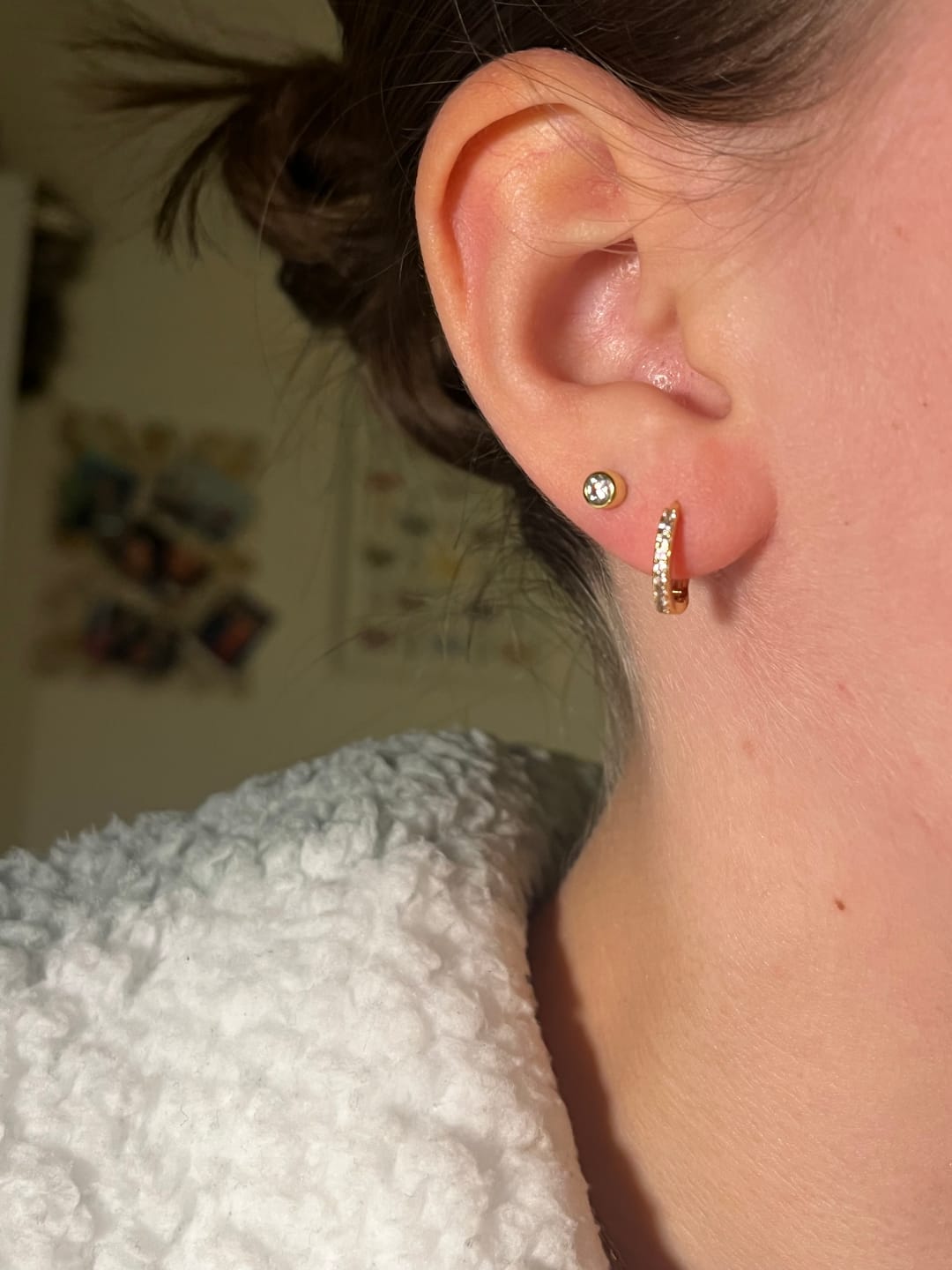 Customer photo review of Evie Pink Gold Huggie Earrings