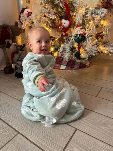 Customer photo review of Organic Cotton & Camel Wool Long Sleeve Sleep Sack 1.0 TOG - Green Sky