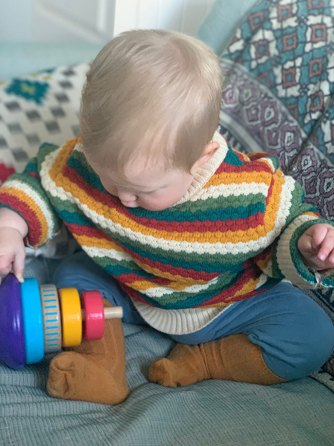 Customer photo review of From One To Another Honeycomb Rainbow Striped Snuggly Knitted Jumper