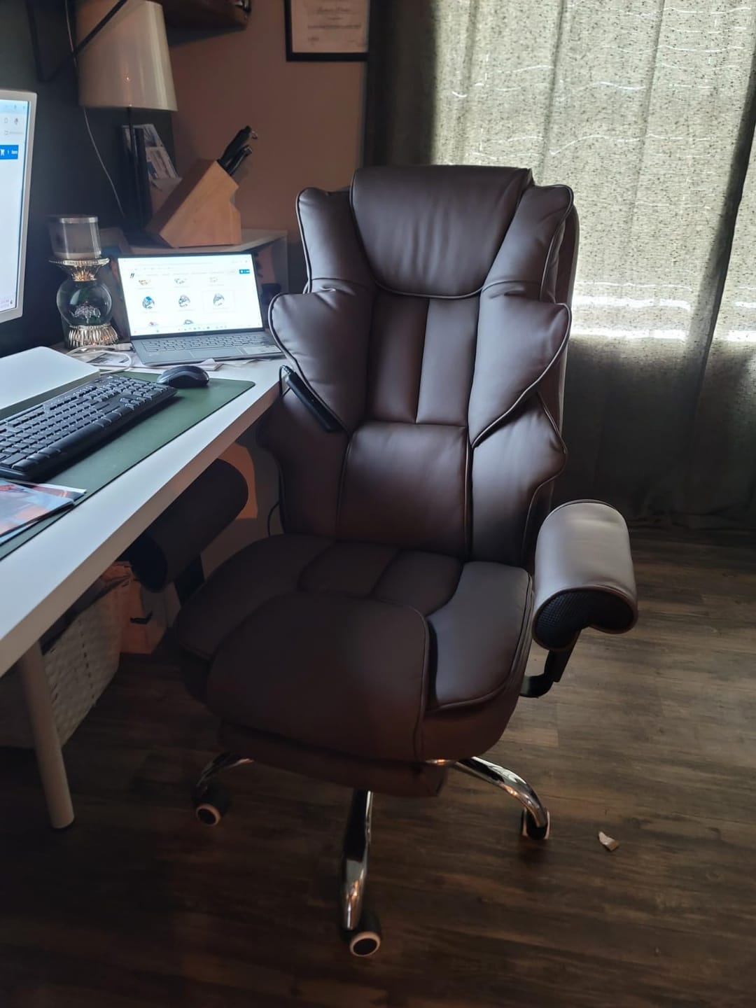 Customer photo review of 6-Point Massage Heat Ergonomic Reclining Office Chair with Footrest Brown