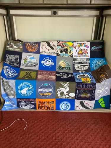 T-shirt quilt with camping, travel themes by Cynthia from AZ