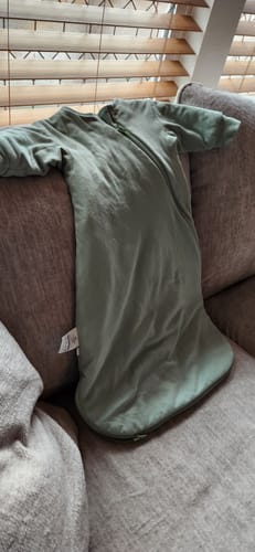 Customer photo review of Organic Cotton & Camel Wool Long Sleeve Sleep Sack 2.5 TOG - Pea Green