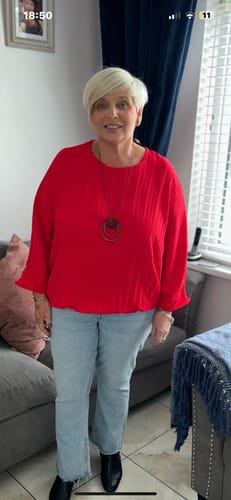 Customer photo review of Blythe Red Pleated Necklace Top