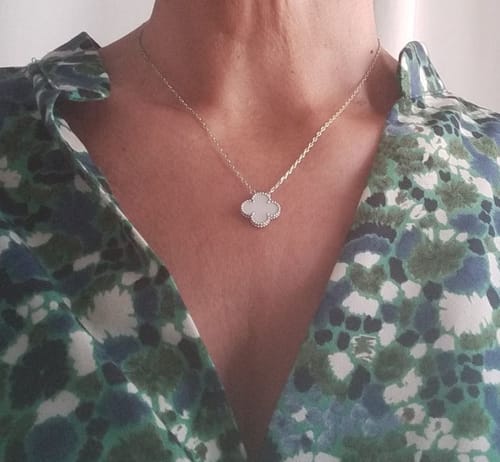 Customer photo review of CLOVER MEDIUM SILVER WHITE MOP NECKLACE