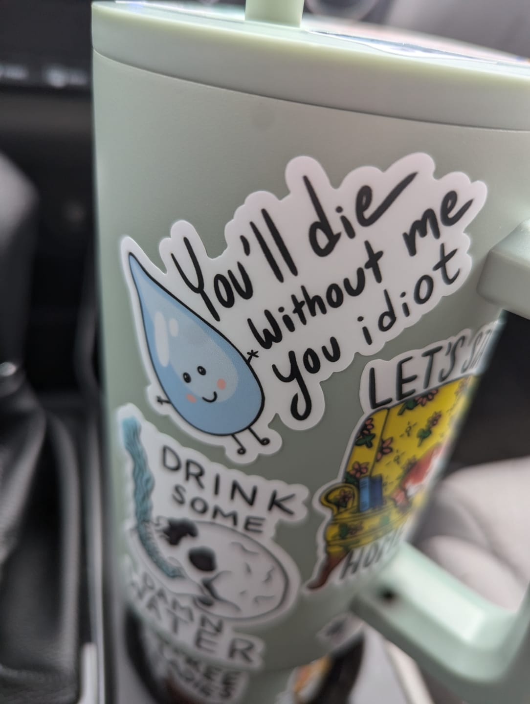 Customer photo review of "You will die without me you idiot" water sticker