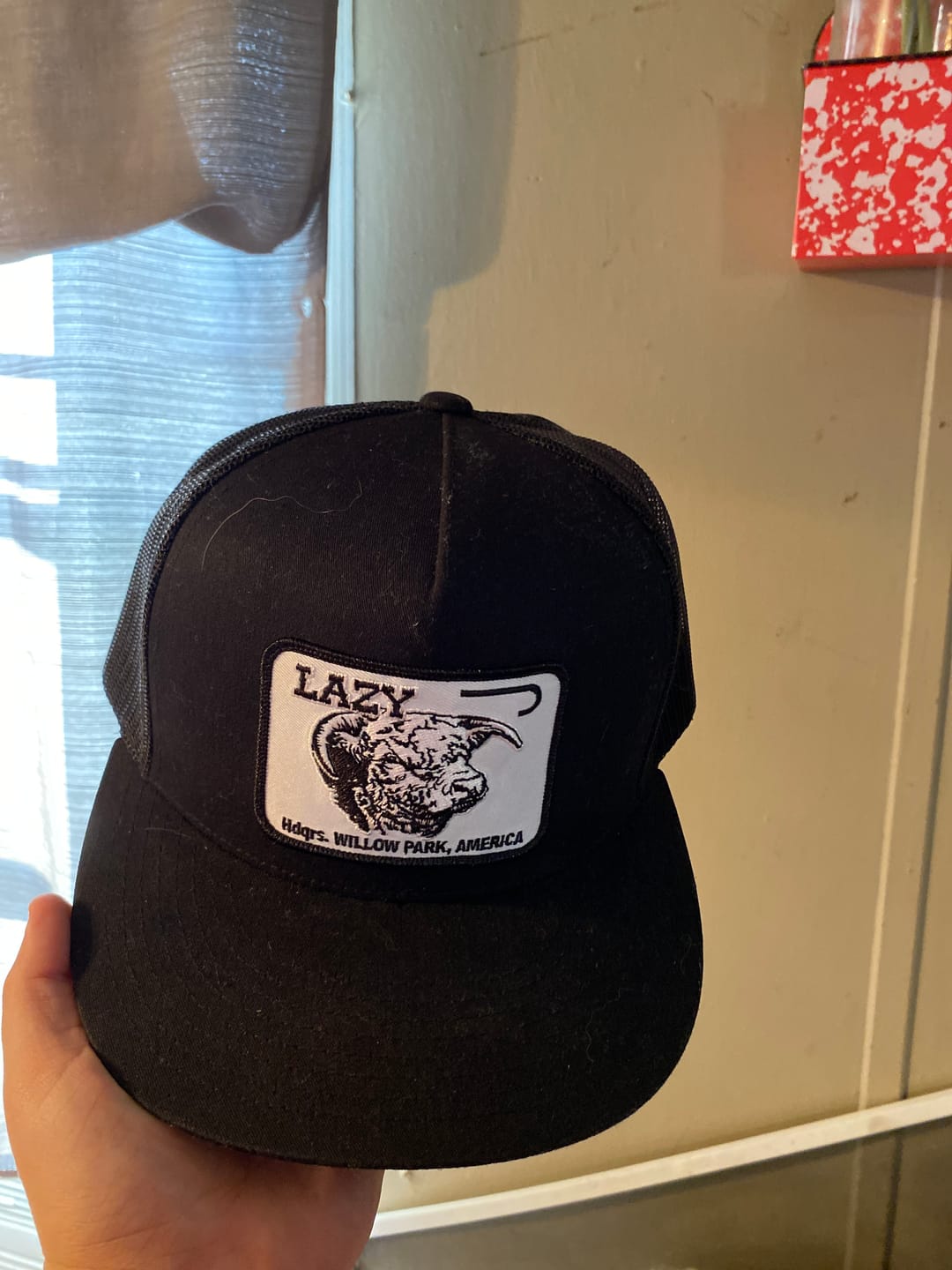 Customer photo review of Lazy J Ranch Wear Black & Black 4" Cattle Headquarters Patch Cap