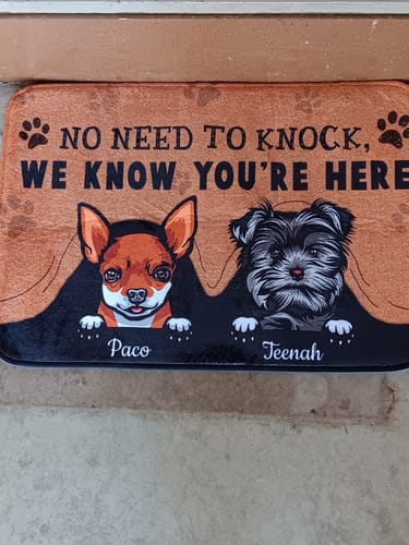 Customer photo review of No Need To Knock We Know You Are Here, Personalized Dog Doormat
