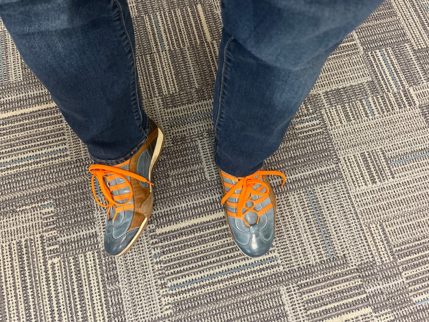 Customer photo review of Men's GrandPrix Sneaker in Monza Indigo (Navy and Orange)