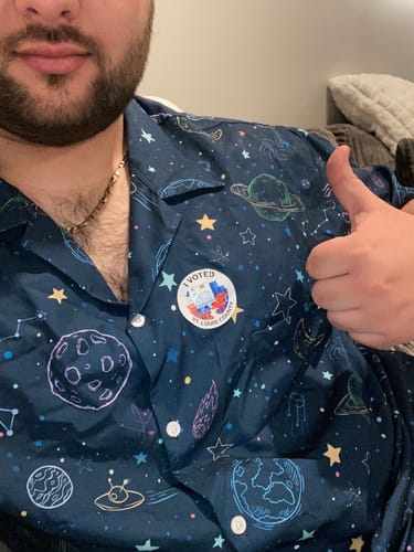 Customer photo review of Clearance Ready-to-Ship Space Doodles Blue Button Up Shirt