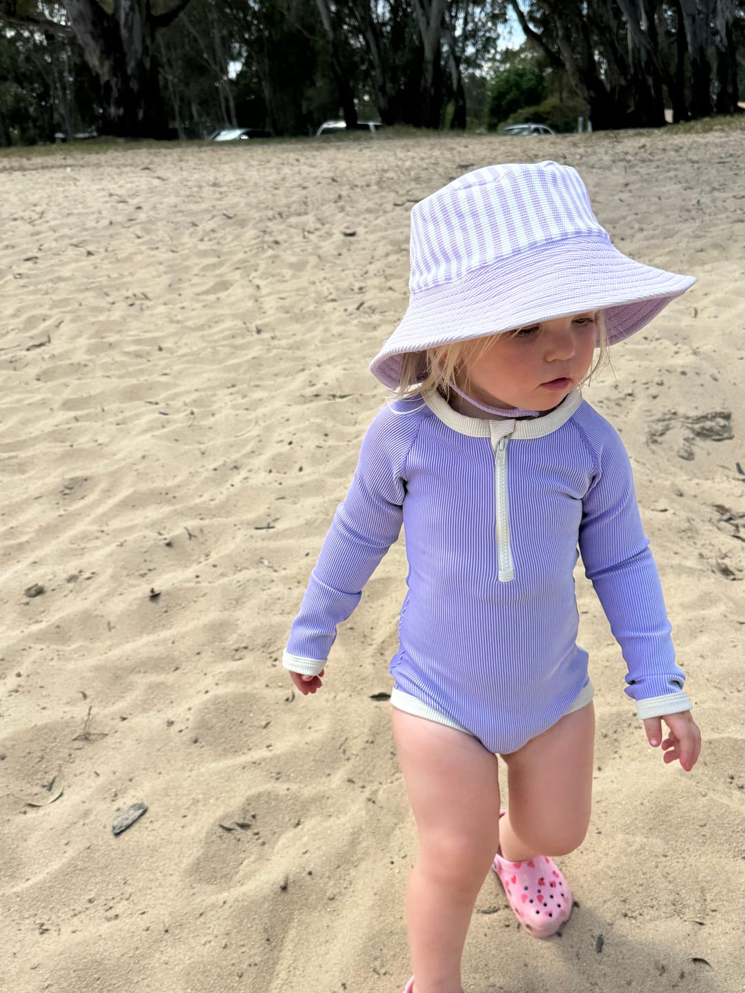 Customer photo review of PRE-ORDER Mini Stripe Rib Rashie Onesie Grape