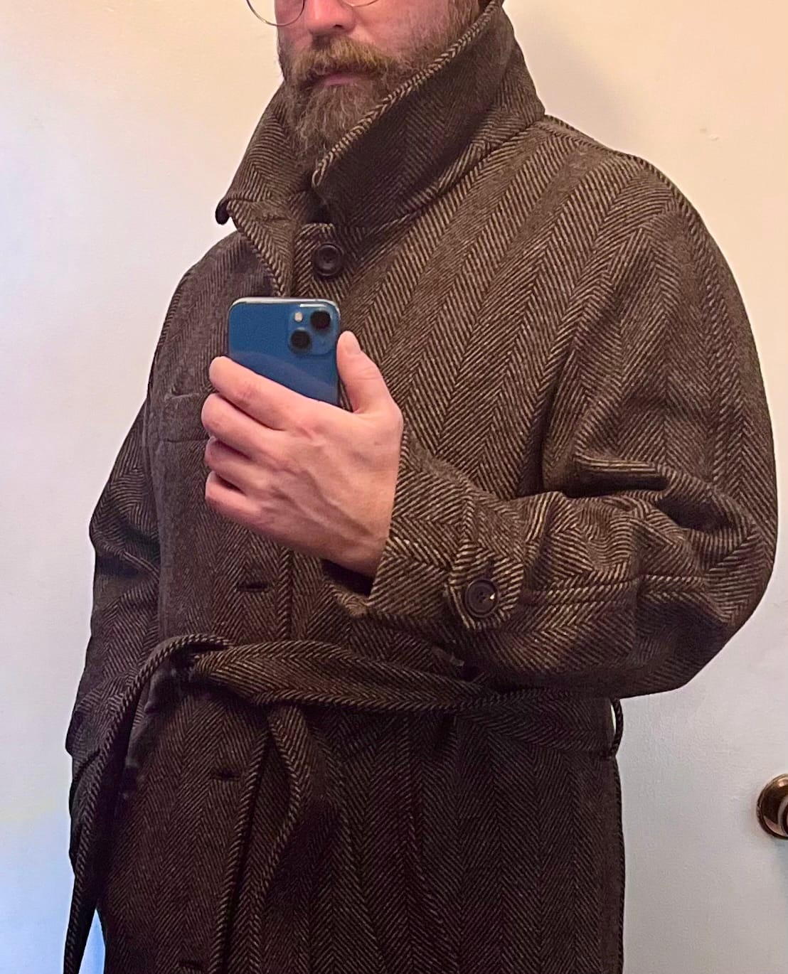 Customer photo review of 1920s Brown Herringbone Tweed Balmacaan Coat