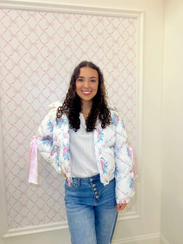 Customer photo review of Floral Puffer Jacket with Ribbon