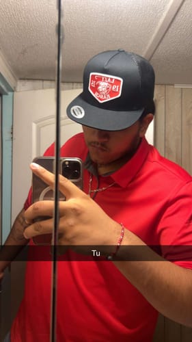 Customer photo review of Lazy J Ranch Black Red Ranch Classic Five Panel Trucker Hat