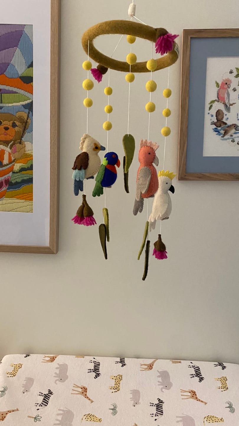Customer photo review of Baby Cot Mobile - Australian Birds - Cockatoo, Lorikeet, Galah and Kookaburra