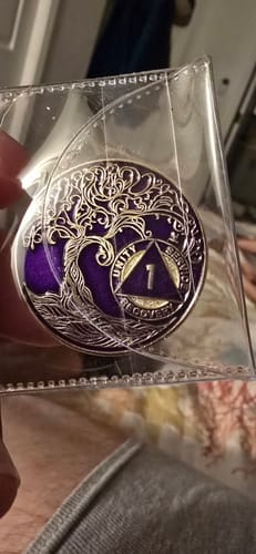 Customer photo review of 1 Year Sobriety Mint Twisted Tree of Life Gold Plated AA Recovery Medallion - One Year Chip/Coin - Purple