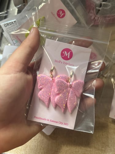 Customer photo review of Glossy Bow Dangles - Mell's Hot Pink