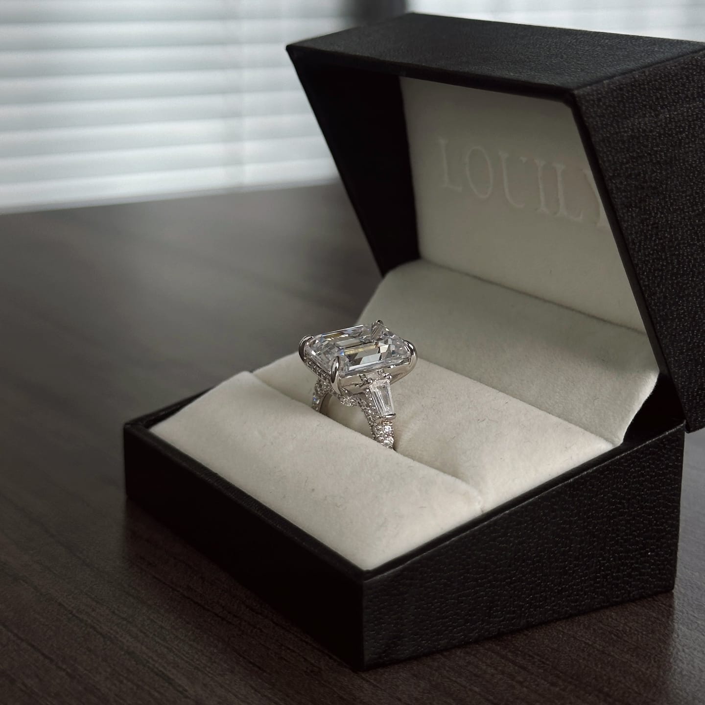 Customer photo review of Louily Unique Emerald Cut Three Stone Engagement Ring In Sterling Silver