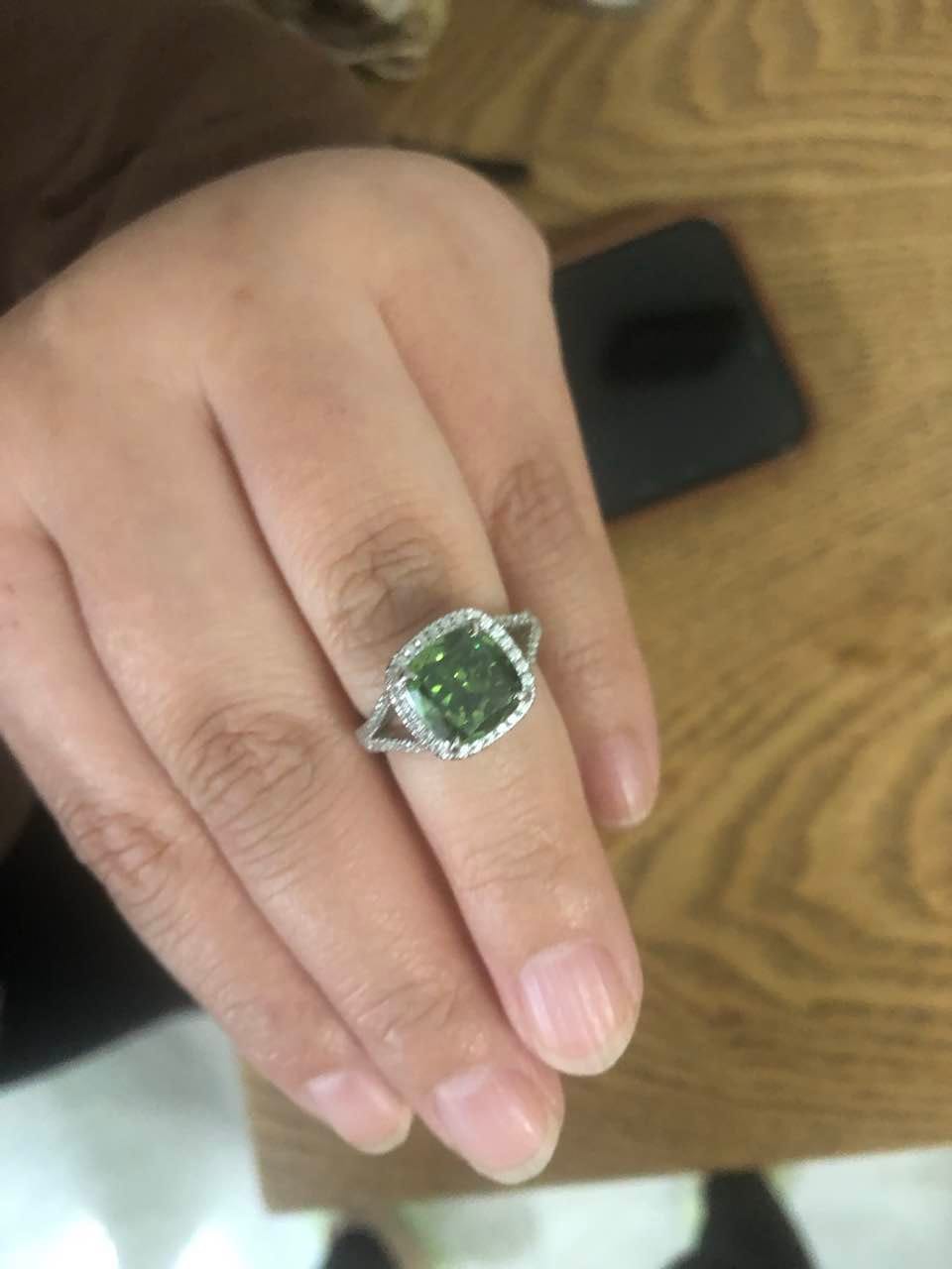 Customer photo review of Louily Vintage Green Stone Split Shank Cushion Cut Engagement Ring