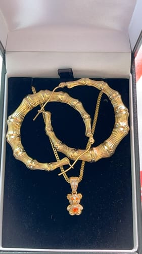 Customer photo review of *NEW* PA 14k (3x1)Hoops Bamboo Big+ Hollow Franco Chain w/Little Teddy 🧸 Pendant JTJ™
