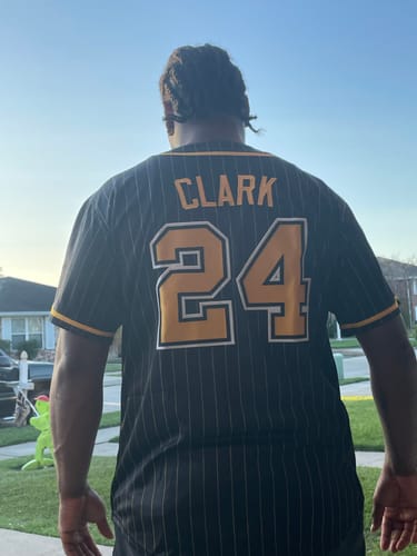 Customer photo review of Custom Black Yellow Stripe Fashion Design Full Button Authentic Baseball Jersey