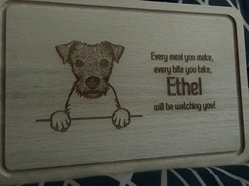 Customer photo review of Personalised Chopping Board - Dog Breed & Name