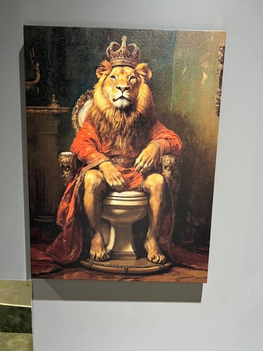 Customer photo review of Royal Lion With Crown Sitting on Toilet Framed Canvas Wall Art
